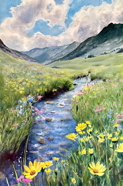 watercolor painting of wildflowers and meadow around a stream with mountains in the backgroun